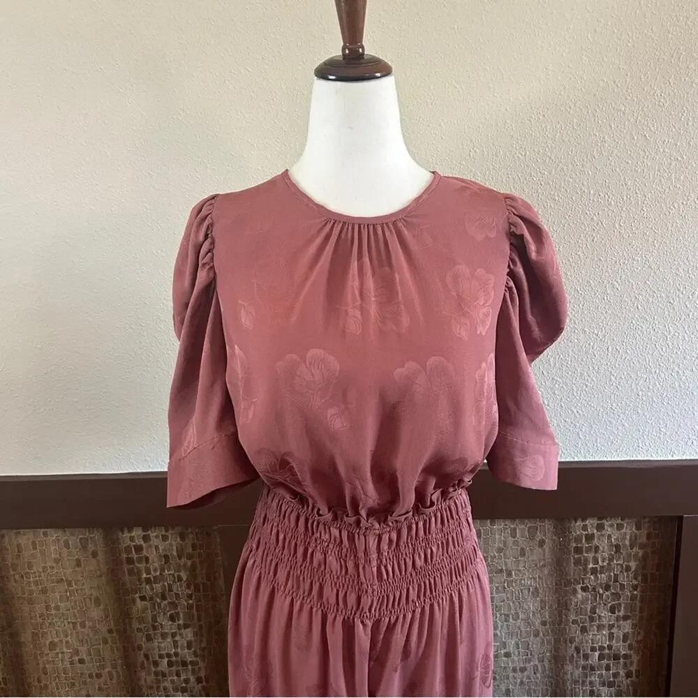 Anthropologie Castille Satin Jacquard Wide Leg Jumpsuit in Rose/Brown Sz Small